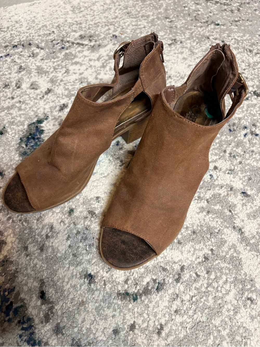 Carlos Santana Brown Suede Open-Toe Block Heel Booties